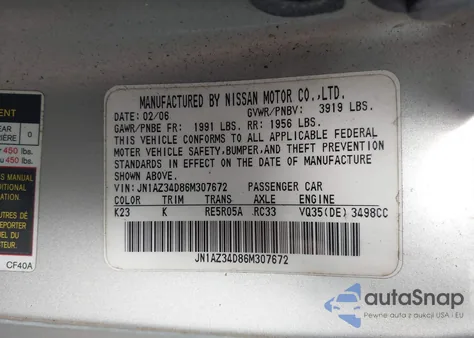 2006 Nissan 350Z Touring z USA, uszkodzony, nr VIN JN1AZ34D86M307672